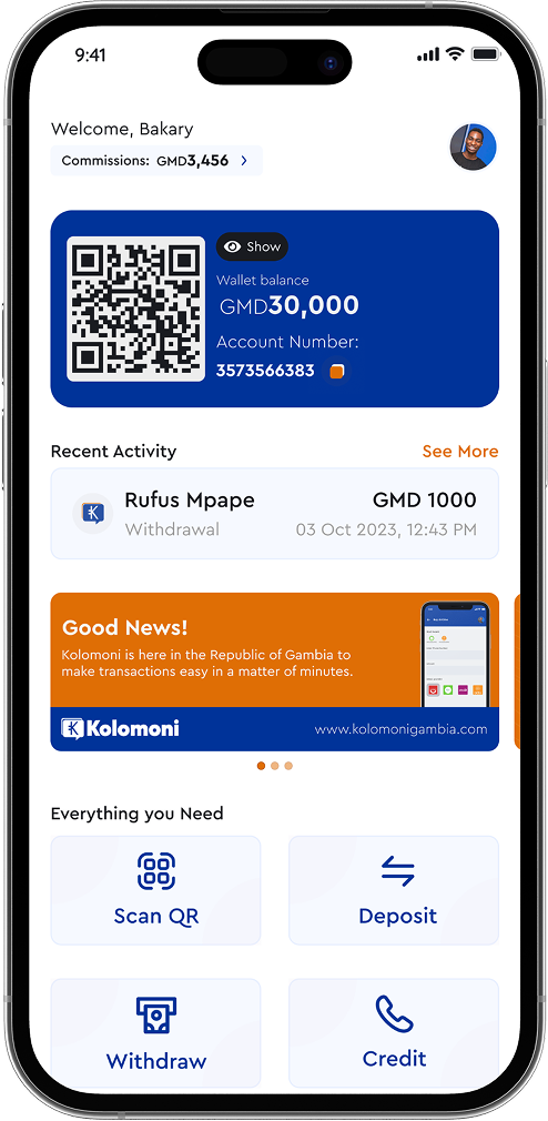 Kolomoni business app home screen with wallet balance and commissions