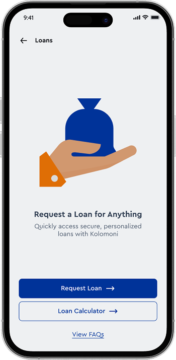 Kolomoni loans screen: request a loan for anything