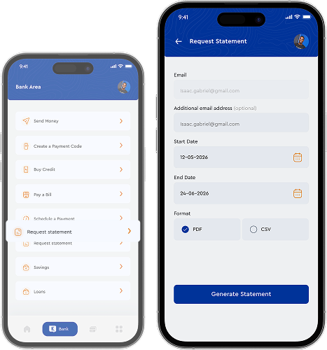 Requesting a PDF or CSV account statement in the Kolomoni app
